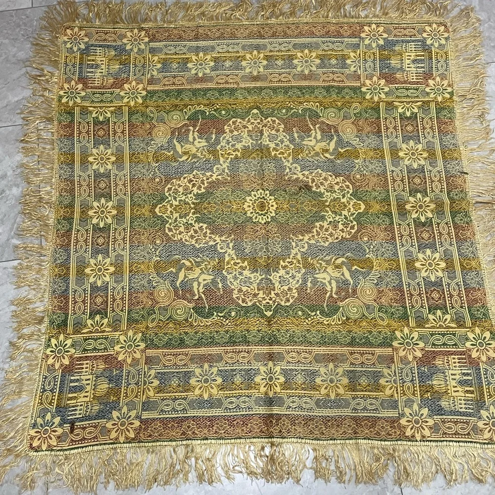 Vintage Yellow Silk Tapestry with Mosque/Equestrian Design. Wall hanging/throw.